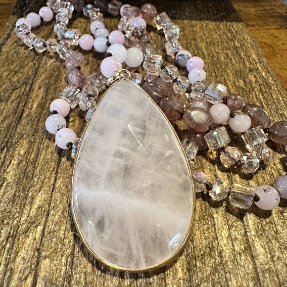 Bohemian Natural Stone Glass Knot Pendant Necklace | Gift Box Included , Pink Q - Picture 2 of 12